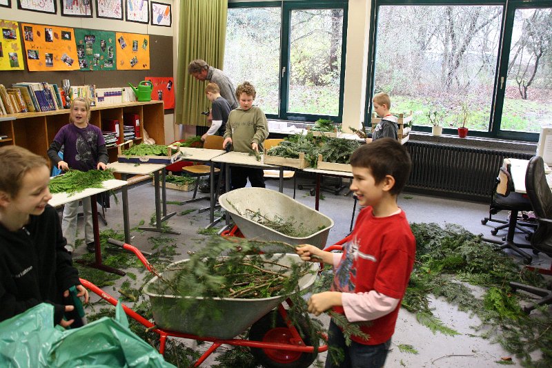 IMG_7428.JPG - Bereits am Tag vor dem Adventsbasteln bereitet die Bau-AG das Tannengrün auf, damit die fleißigen und geschickten Hände am nächsten Tag mit dem Binden der Adventskränzue durchstarten können.
